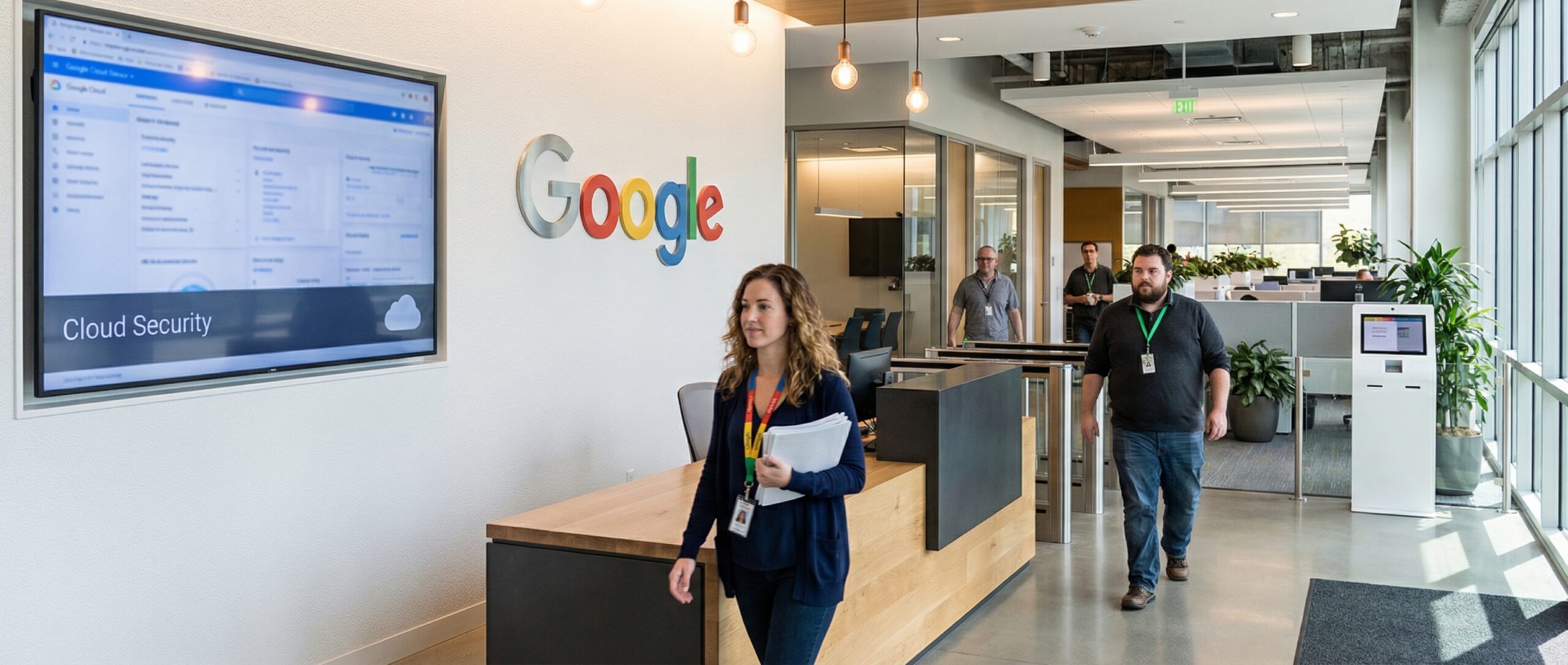 Des employés dans un espace de travail Google moderne où la Cloud Security est mise en avant à l'écran.