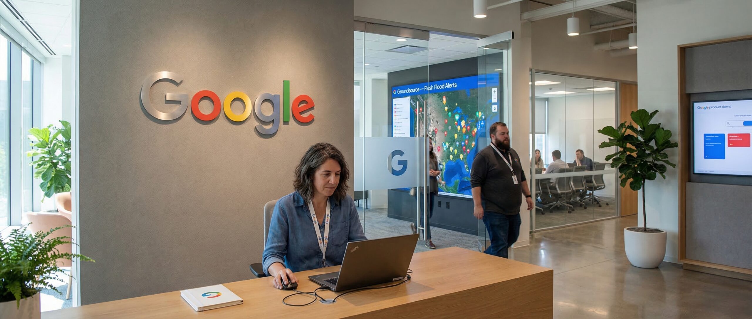 Accueil des bureaux de Google avec une femme travaillant à un bureau et une salle de réunion visible en arrière-plan.