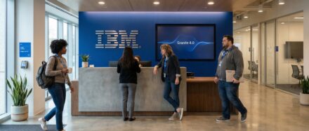 Espace d'accueil du bureau IBM où des employés interagissent devant un logo et un écran numérique.