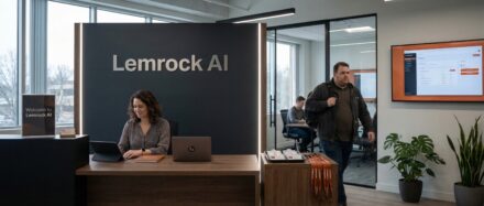 Espace d'accueil de Lemrock AI, avec une femme travaillant à un bureau et un homme passant devant un écran numérique.