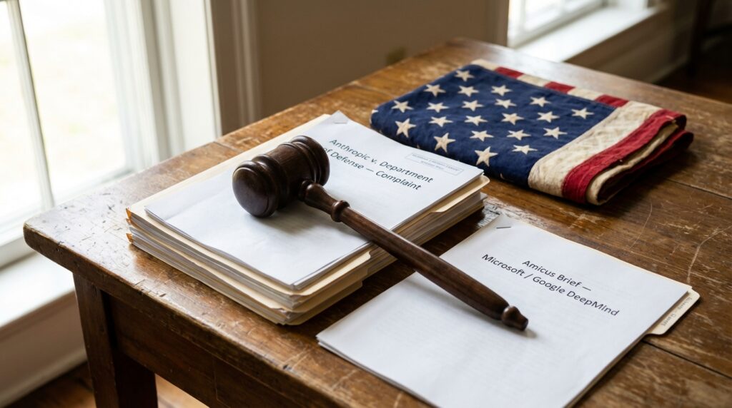 Un marteau de juge reposant sur une pile de documents juridiques à côté d'un drapeau américain.