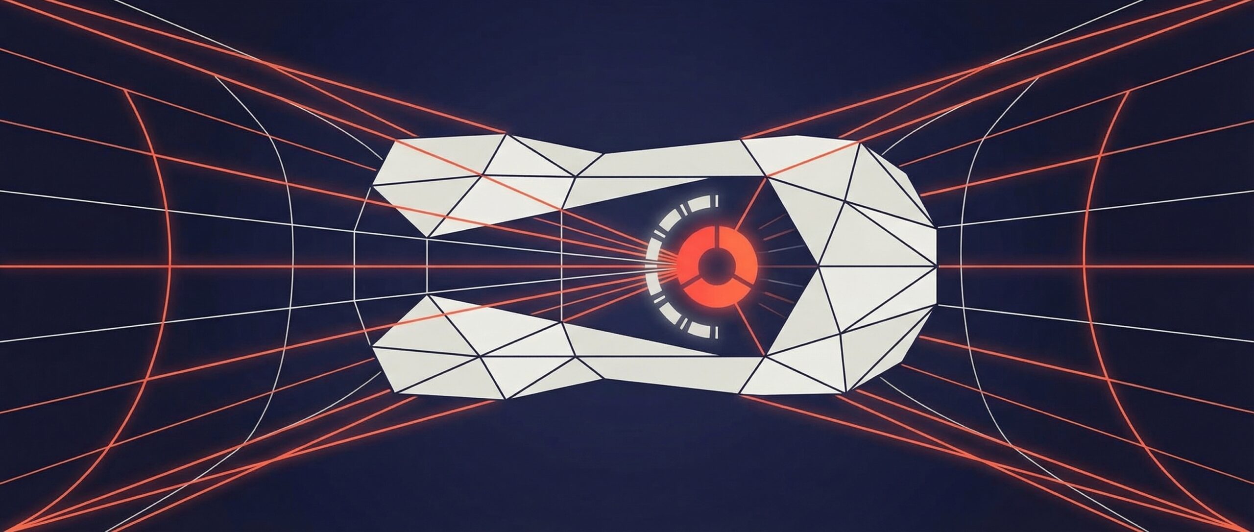 Illustration d'un motif géométrique dont les lignes convergent vers une forme centrale évoquant un œil, représentant une évaluation avancée du risque de collision.