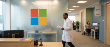 Un environnement de bureau Microsoft montrant un scientifique en blouse de laboratoire passant devant un mur de verre arborant le logo Microsoft, symbolisant l'innovation dans le stockage de données.