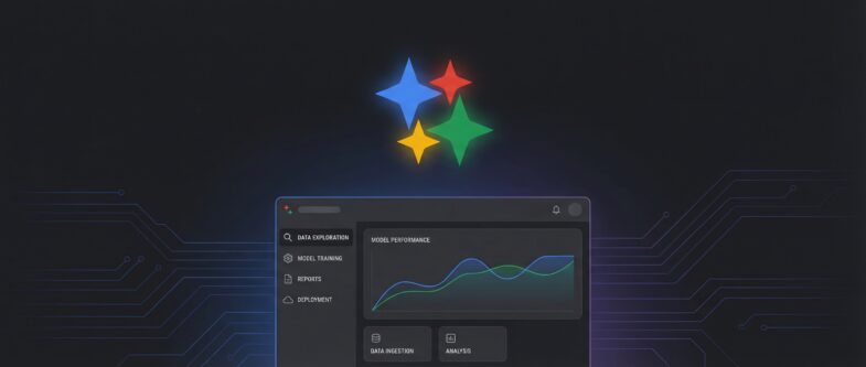 Interface Analytics affichant un graphique linéaire sur un fond sombre avec des icônes d'étoiles colorées, illustrant l'amélioration Context-aware Gemini pour BigQuery Studio.