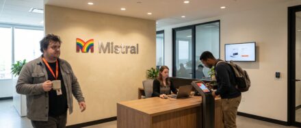 Réception des bureaux de Mistral AI dans une ambiance chaleureuse, avec un comptoir d'accueil en bois et des collaborateurs qui échangent.