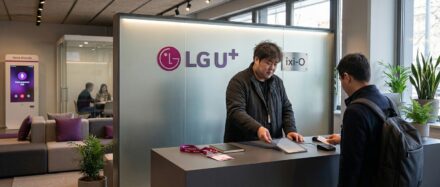 Un visiteur échange avec un représentant au stand LG U+ lors du MWC 2026, mettant en avant les avancées en IA et en technologie des appels vocaux.