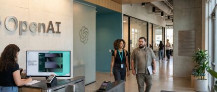 Espace de travail moderne chez OpenAI, où des employés interagissent et travaillent à leurs postes.