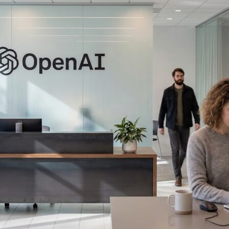Intérieur des bureaux d'OpenAI montrant une zone de réception où des membres de l'équipe travaillent, mettant en valeur l'espace de travail moderne.