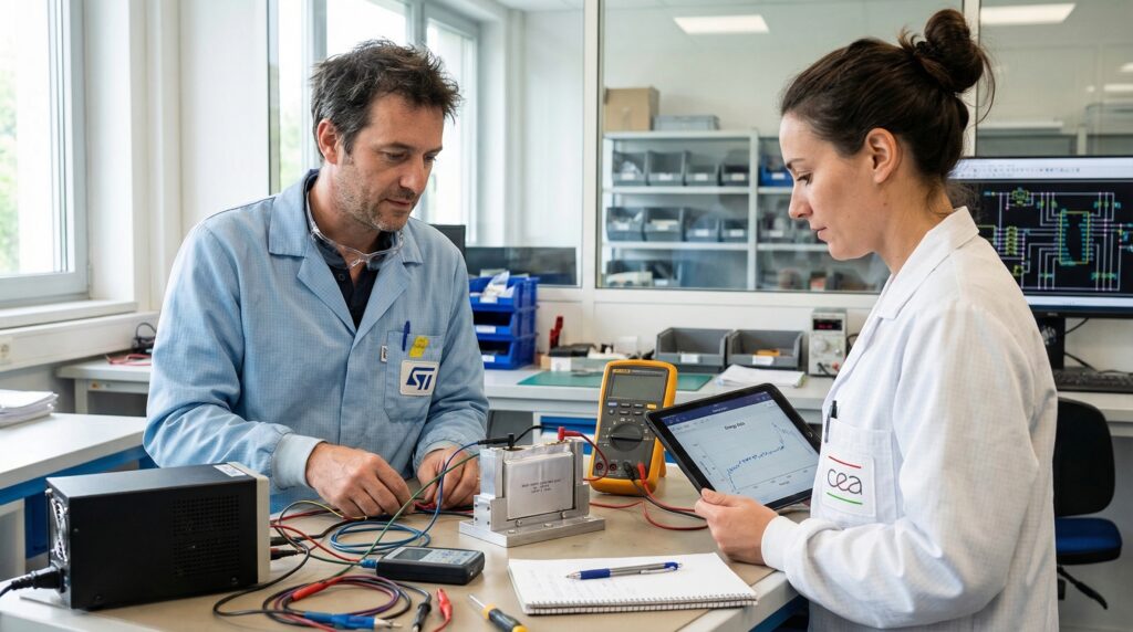 Deux scientifiques collaborant à des recherches sur les piles nucléaires dans un laboratoire, utilisant du matériel de test électronique.