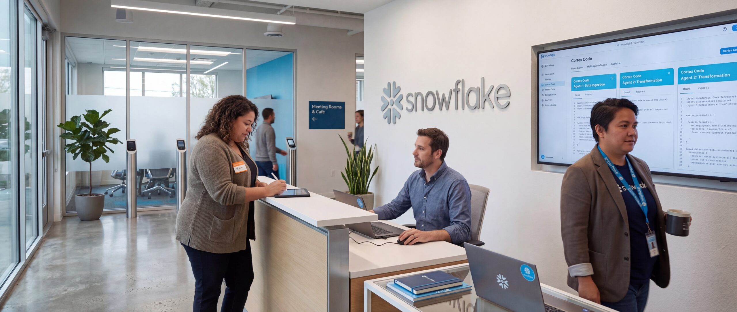 Espace d’accueil des bureaux de Snowflake où des collaborateurs échangent, mettant en valeur un environnement de travail moderne.
