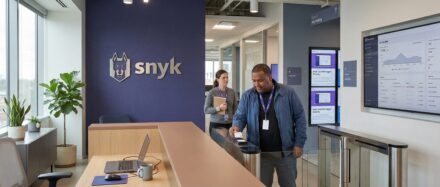 Vue intérieure des bureaux de Snyk montrant un espace de travail moderne, avec des collaborateurs engagés dans des activités liées à l'IA et à la gestion de la sécurité.