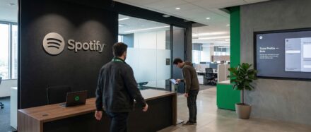 Intérieur des bureaux de Spotify montrant deux collaborateurs utilisant la technologie, illustrant une personnalisation musicale pilotée par l'utilisateur.