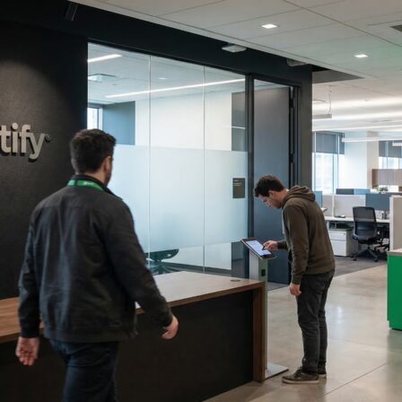 Intérieur des bureaux de Spotify montrant deux collaborateurs utilisant la technologie, illustrant une personnalisation musicale pilotée par l'utilisateur.