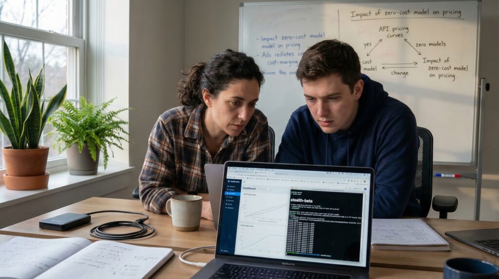 Deux collègues, concentrés sur l'écran d'un ordinateur portable, discutent d'un projet d'IA dans un espace de travail moderne.