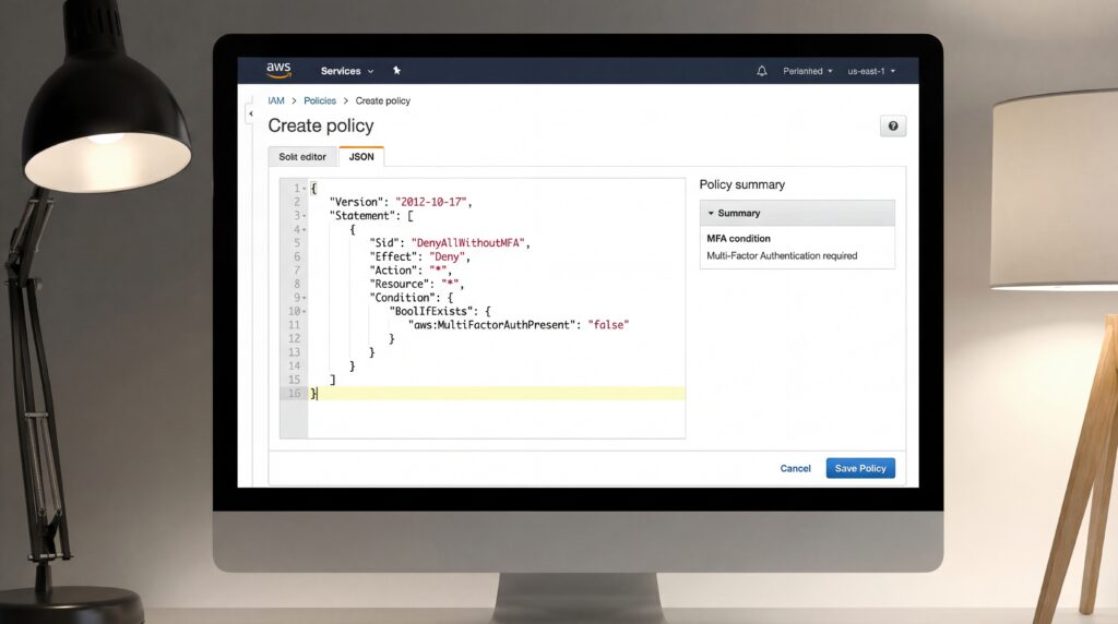 Écran d'ordinateur affichant une interface de création de politiques avec des extraits de code pour la gestion de l'IA.