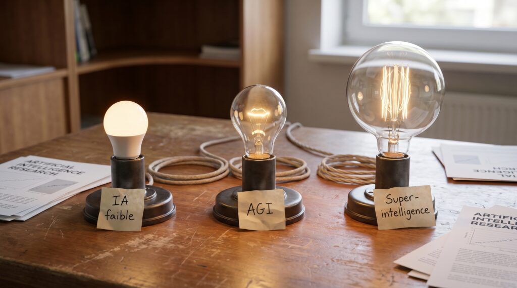 Trois ampoules sur une table, étiquetées IA Fabrique, Aide et Super-intelligent, illustrant des concepts liés à l'intelligence artificielle.