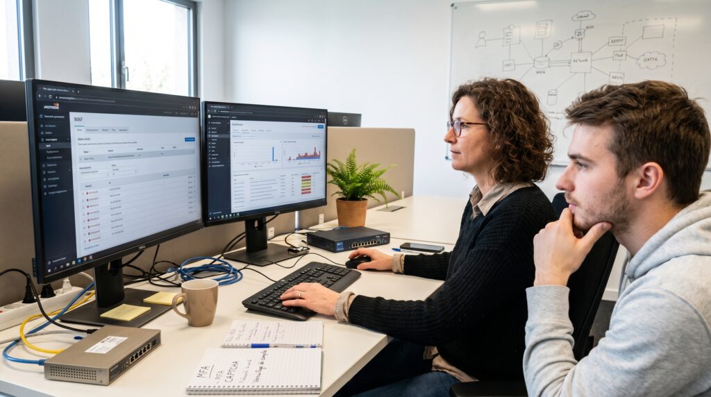 Deux personnes travaillant sur des ordinateurs pour analyser des données de sécurité informatique.