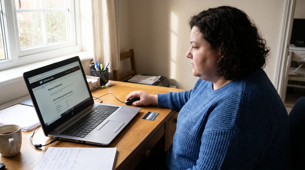 Femme travaillant sur un ordinateur portable &agrave; un bureau, apprenant SAP en ligne.