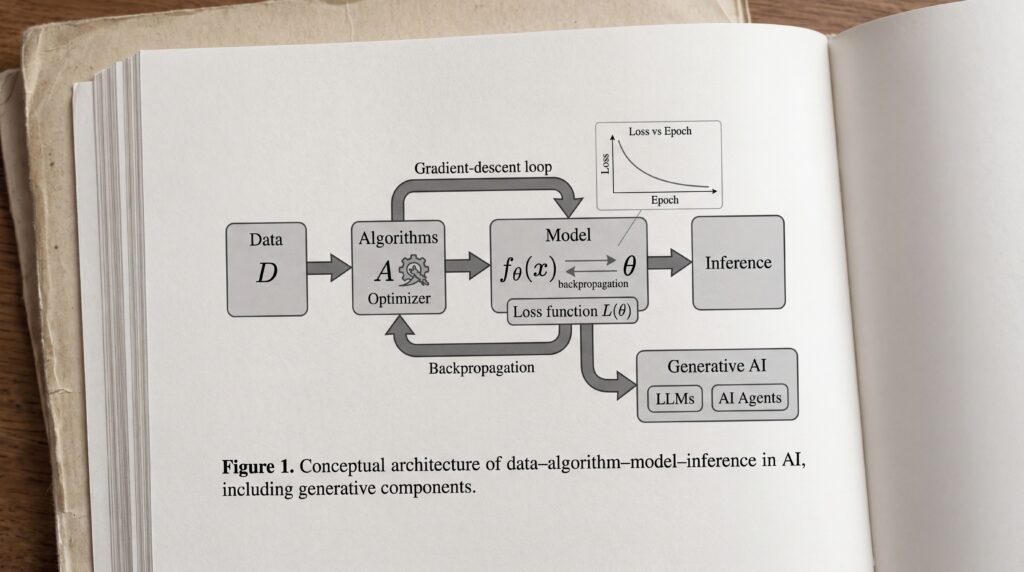 Schéma représentant l'architecture d'un modèle d'algorithme en intelligence artificielle, incluant des composants génératifs.