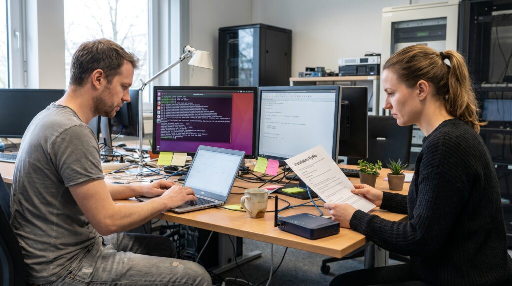 Deux personnes travaillant sur des ordinateurs, l'une lisant un document et l'autre tapant sur un laptop, en contexte de cybersécurité.