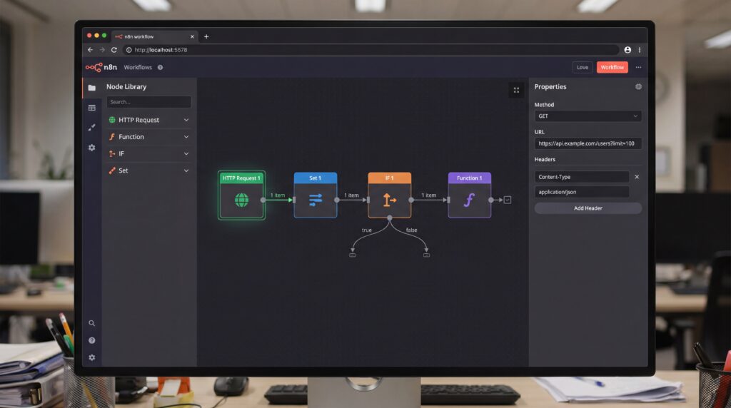 Écran montrant un flux de travail automatisé dans n8n avec plusieurs modules connectés.