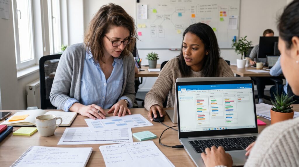 Deux femmes travaillant ensemble sur des documents et une application sur un ordinateur portable dans un environnement de bureau.