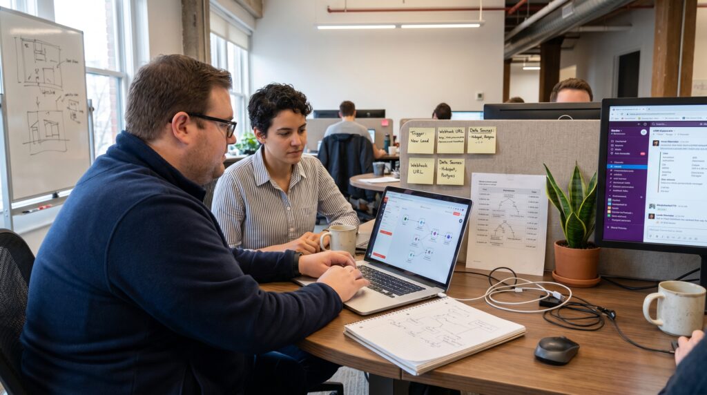 Deux professionnels travaillant ensemble sur un ordinateur dans un bureau, entourés de post-it et d'écrans montrant des interfaces de projet.