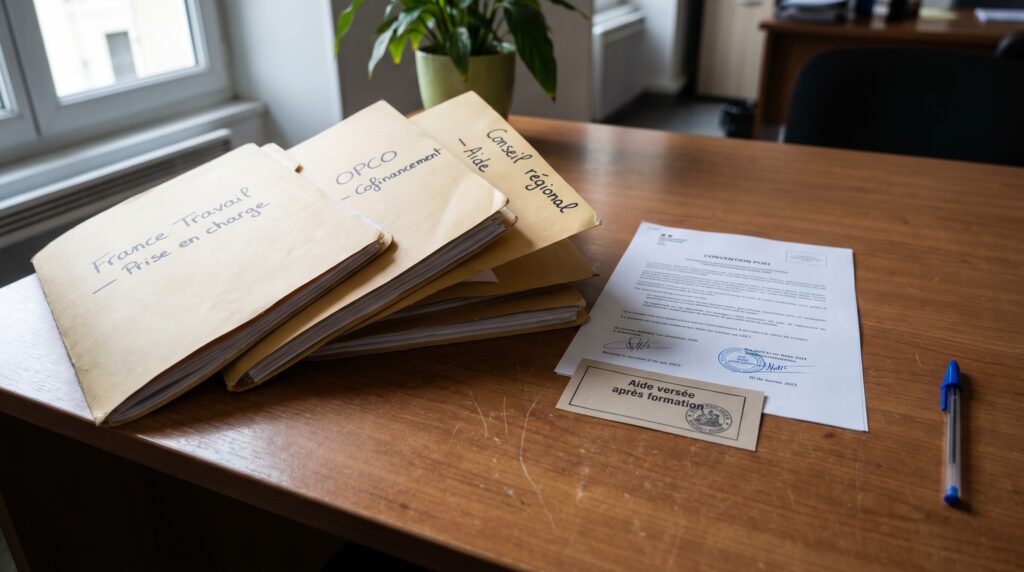Documents et dossiers sur un bureau, illustrant le processus de préparation à l'emploi individuelle.