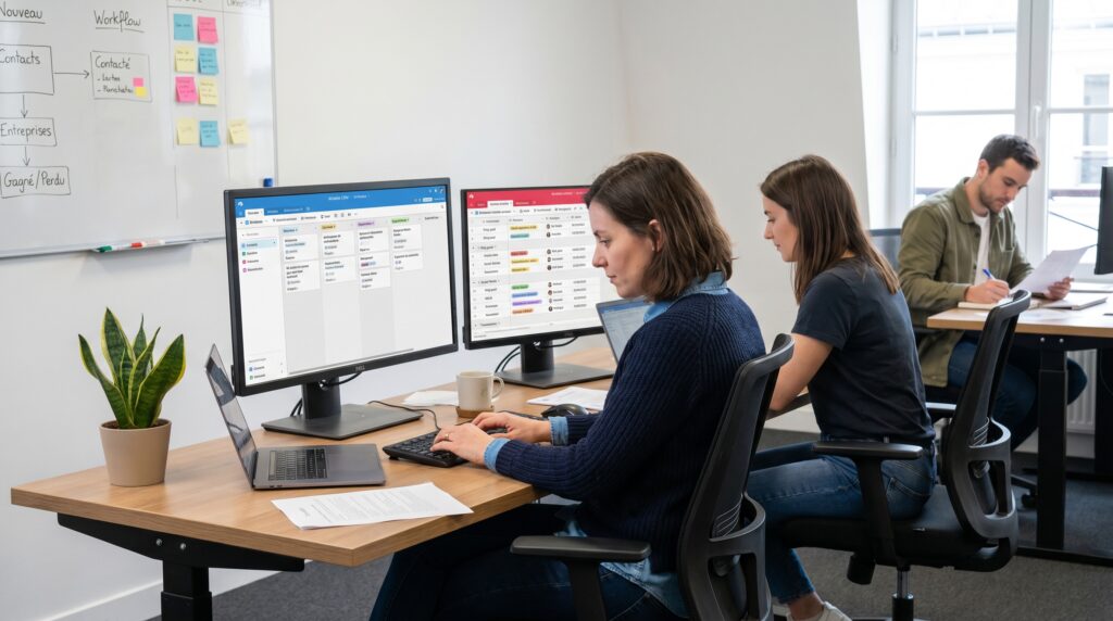 Trois collègues travaillant sur des ordinateurs à un bureau moderne, utilisant Airtable pour la gestion de projets.