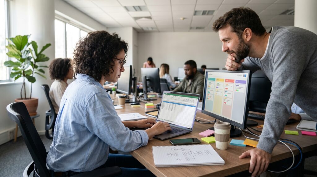 Deux personnes collaborant dans un bureau moderne, l'une utilisant un ordinateur portable pendant que l'autre lui montre des données sur un écran.