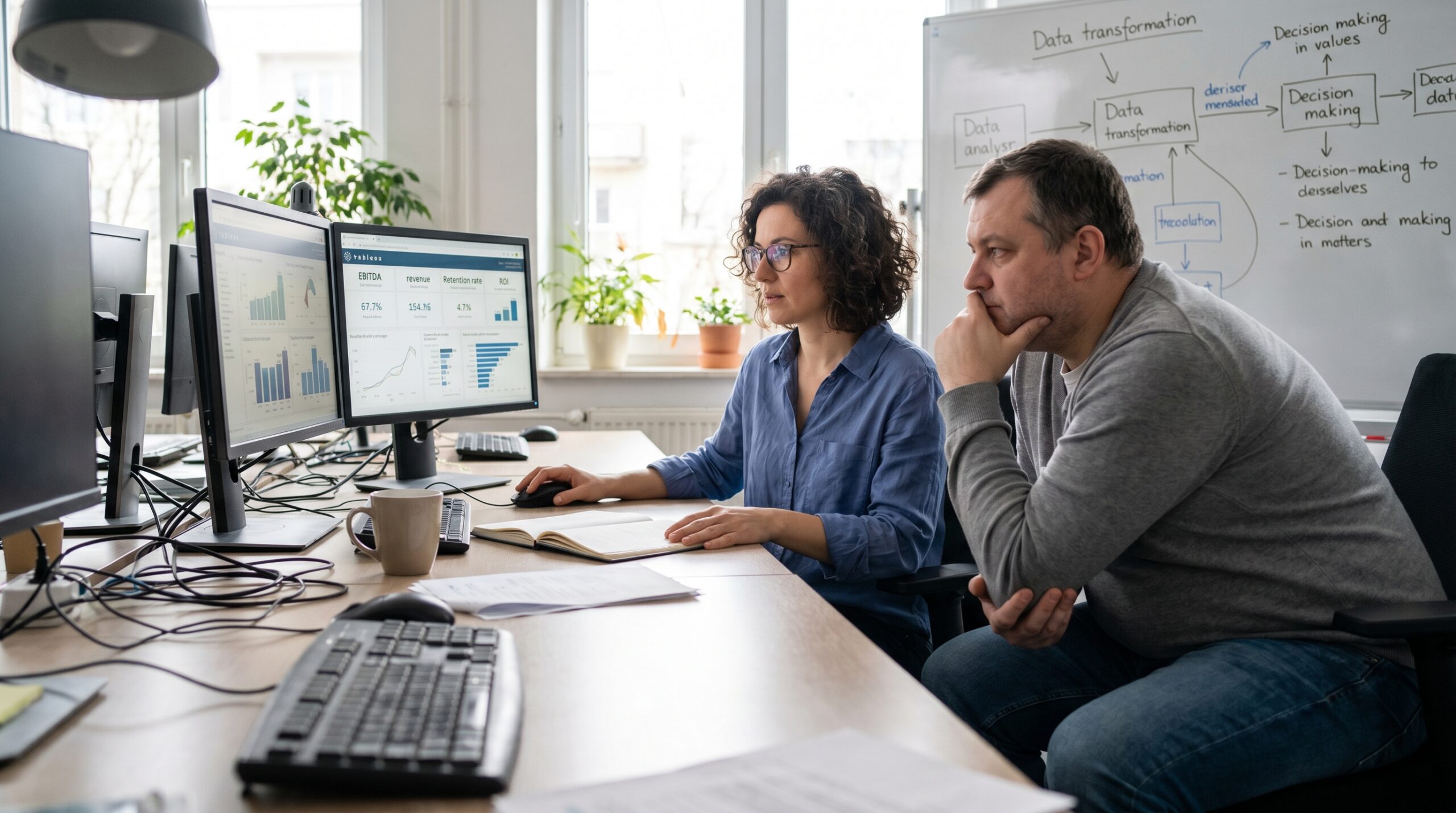 Deux professionnels analysant des données sur plusieurs écrans d'ordinateur dans un environnement de bureau.