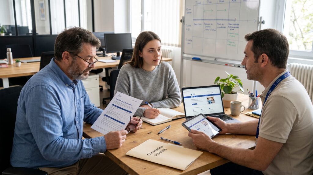 Trois personnes discutant autour d'une table, analysant des documents et des outils numériques pour la préparation opérationnelle à l'emploi.