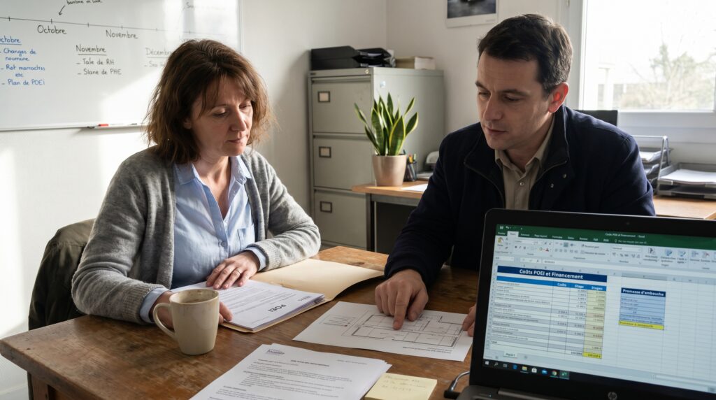 Deux personnes en discussion autour d'une table avec des documents et un ordinateur portable affichant des données sur l'emploi.
