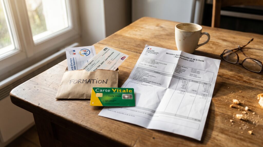 Documents administratifs et une carte vitale disposés sur une table en bois, avec une tasse de café à côté.