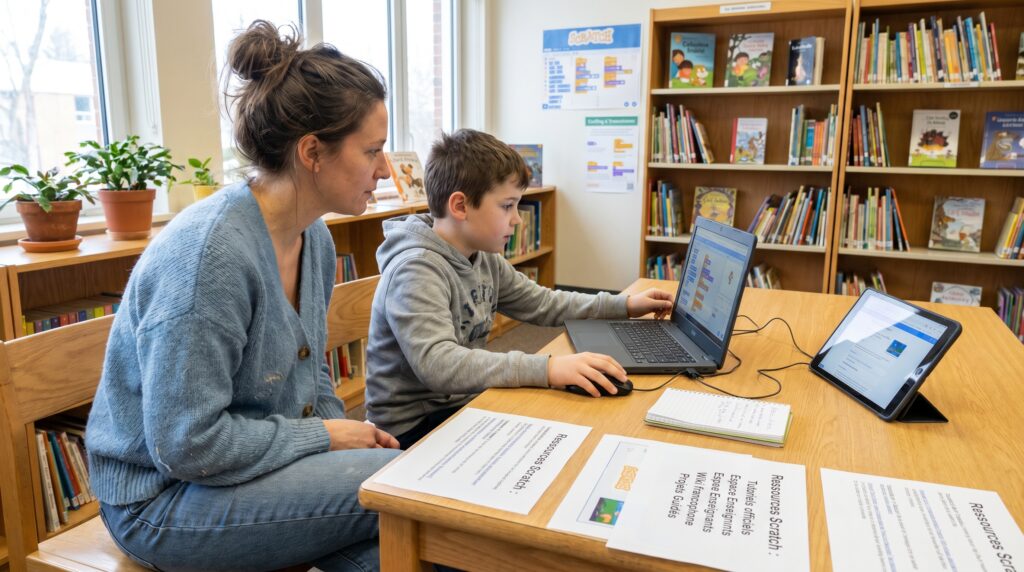 Un enfant et un adulte travaillant ensemble sur un ordinateur portable pour apprendre à programmer avec Scratch dans une bibliothèque.