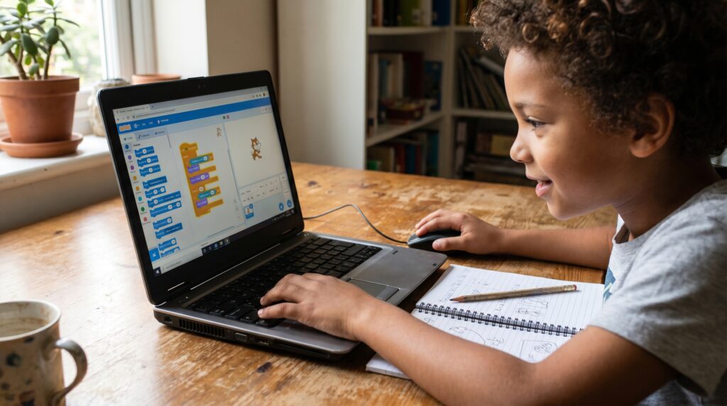 Un enfant souriant devant un ordinateur portable, utilisant le langage de programmation Scratch pour créer un projet.