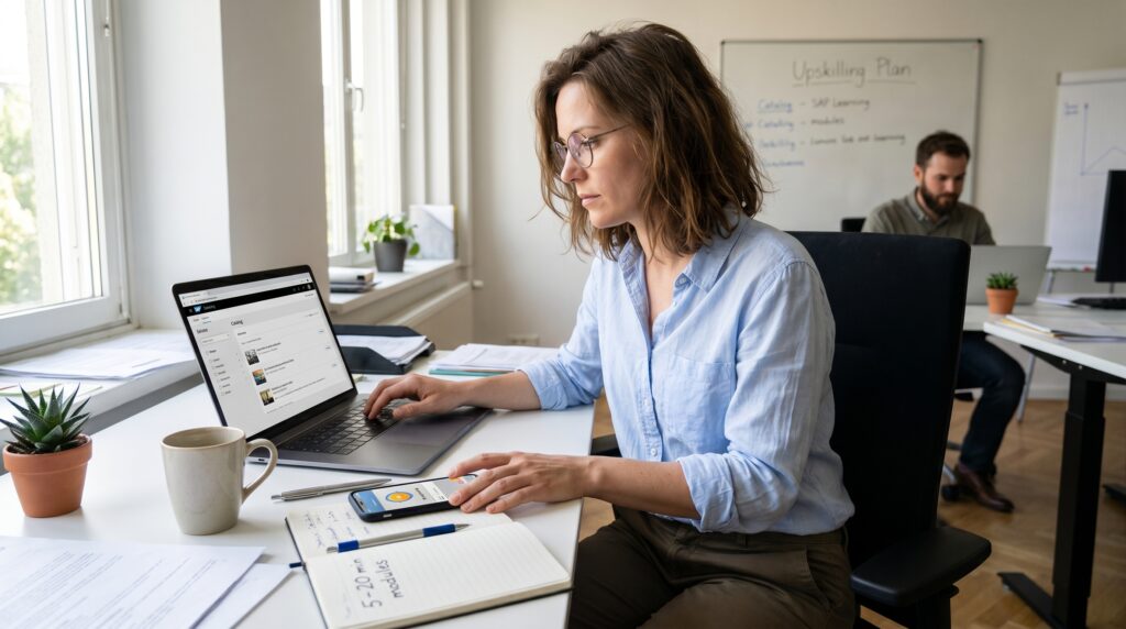 Femme travaillant sur un ordinateur portable et un smartphone dans un bureau moderne.