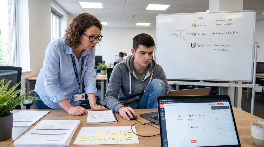 Une femme et un homme collaborant sur un ordinateur portable, analysant des workflows dans un bureau moderne.