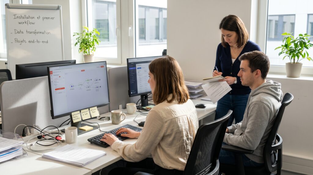 Équipe en train de travailler sur des ordinateurs dans un bureau, discutant de l'automatisation des workflows.