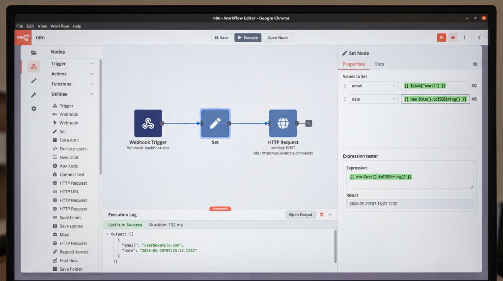 Interface de n8n montrant un workflow automatisé avec des blocs de traitement de données.