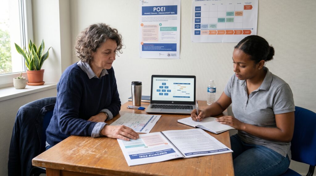 Deux femmes discutant autour d'une table avec des documents et un ordinateur portable, montrant un environnement de formation professionnelle.