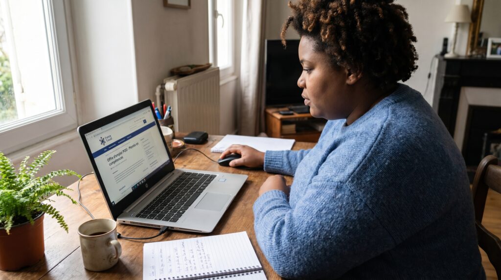 Une personne assise à un bureau utilisant un ordinateur portable pour chercher des informations sur la formation POEI en informatique.