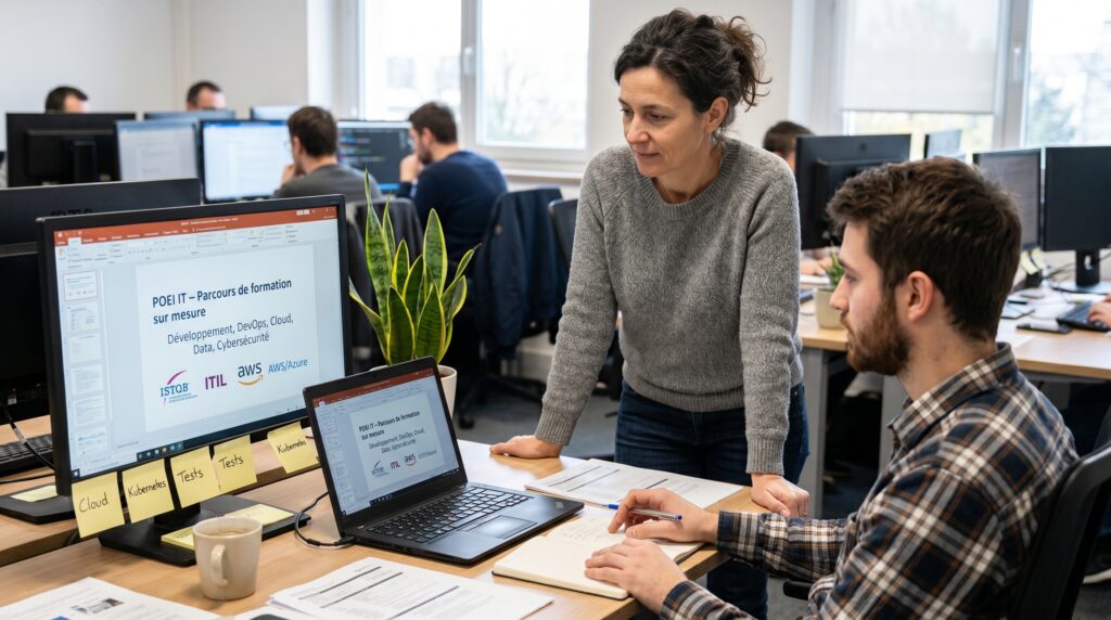 Deux personnes collaborant sur un projet informatique dans un bureau moderne.