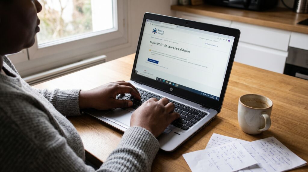 Personne travaillant sur un ordinateur portable avec une tasse de café et des documents sur une table en bois.