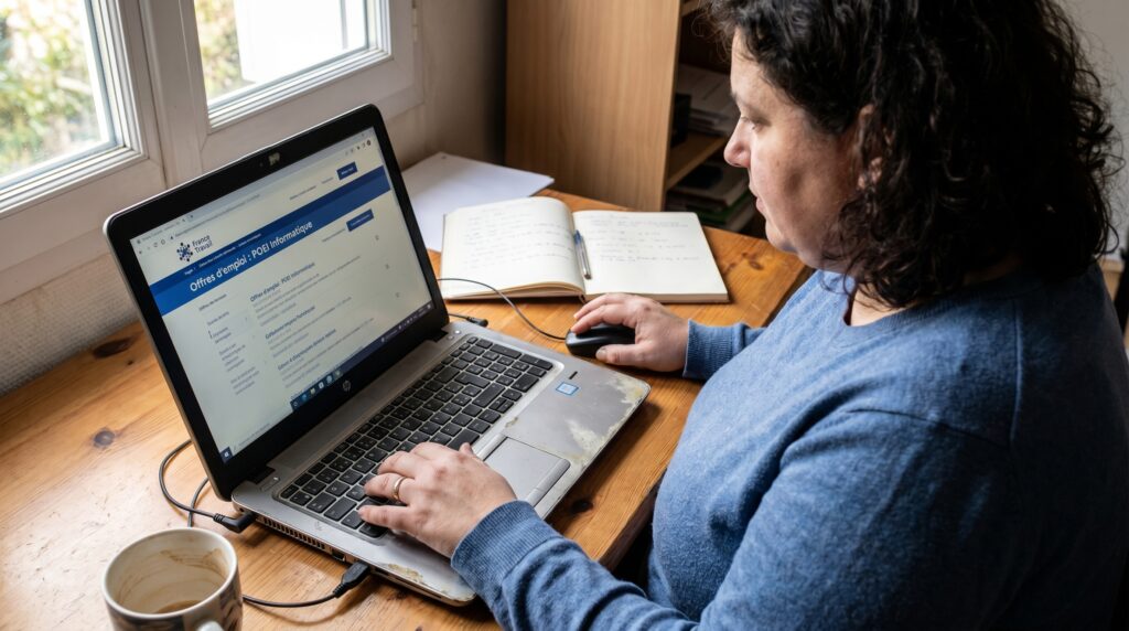 Femme utilisant un ordinateur portable pour accéder à une formation en informatique, avec des notes à côté.