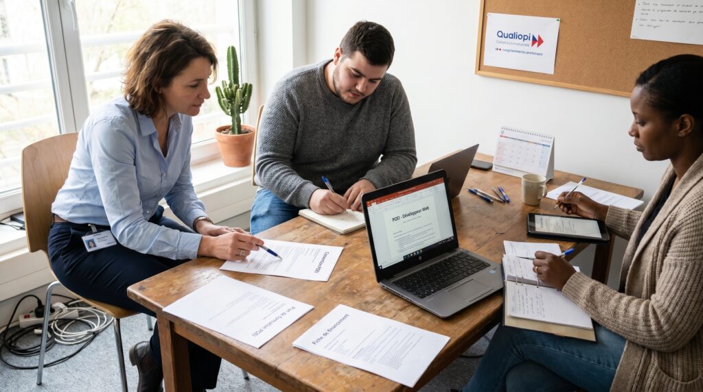 Groupe de personnes en réunion autour d'une table avec des ordinateurs portables, discutant de la formation POEI en informatique.
