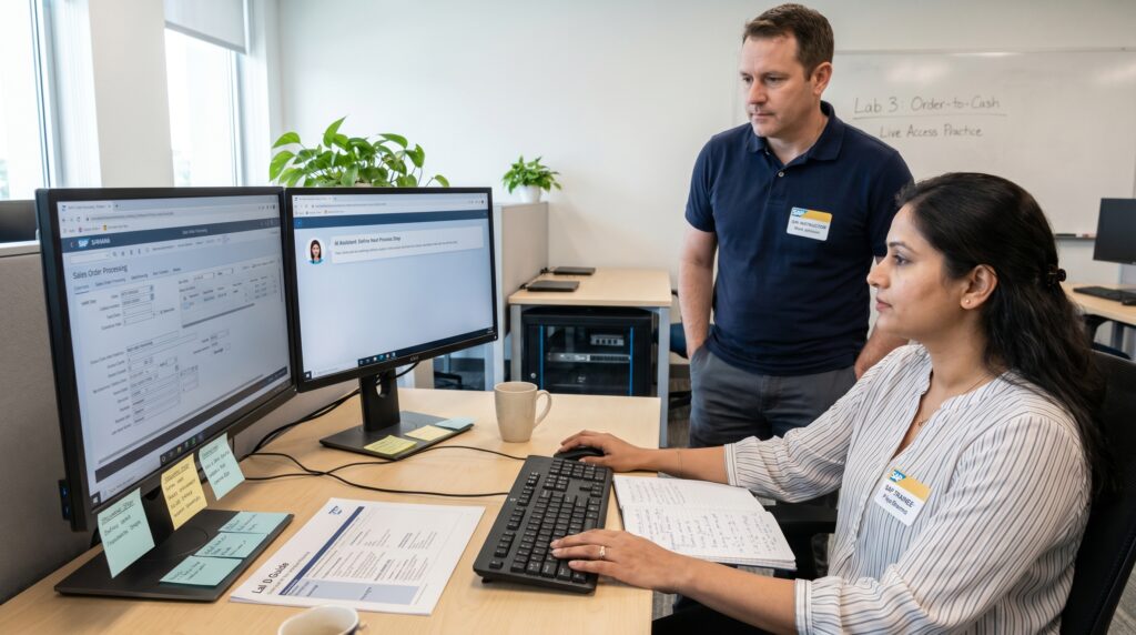 Deux personnes travaillant sur des ordinateurs avec des &eacute;crans affichant des donn&eacute;es, dans un environnement de formation sur SAP.